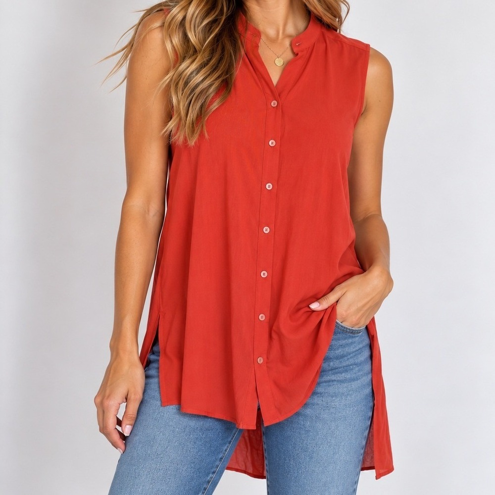 Eileen Fisher Silk Sleeveless Button Down Blouse Preppy Quiet Luxury Old Money